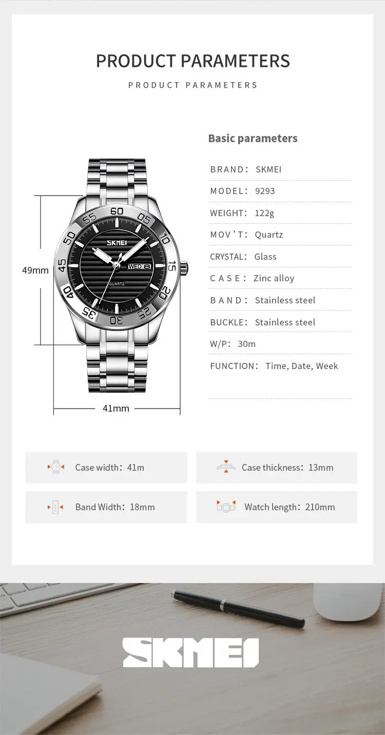 Skmei 9293 Classic China Man Quartz Watch Formal Stainless Steel Strap Water Proof Week Display Business Hand Watch