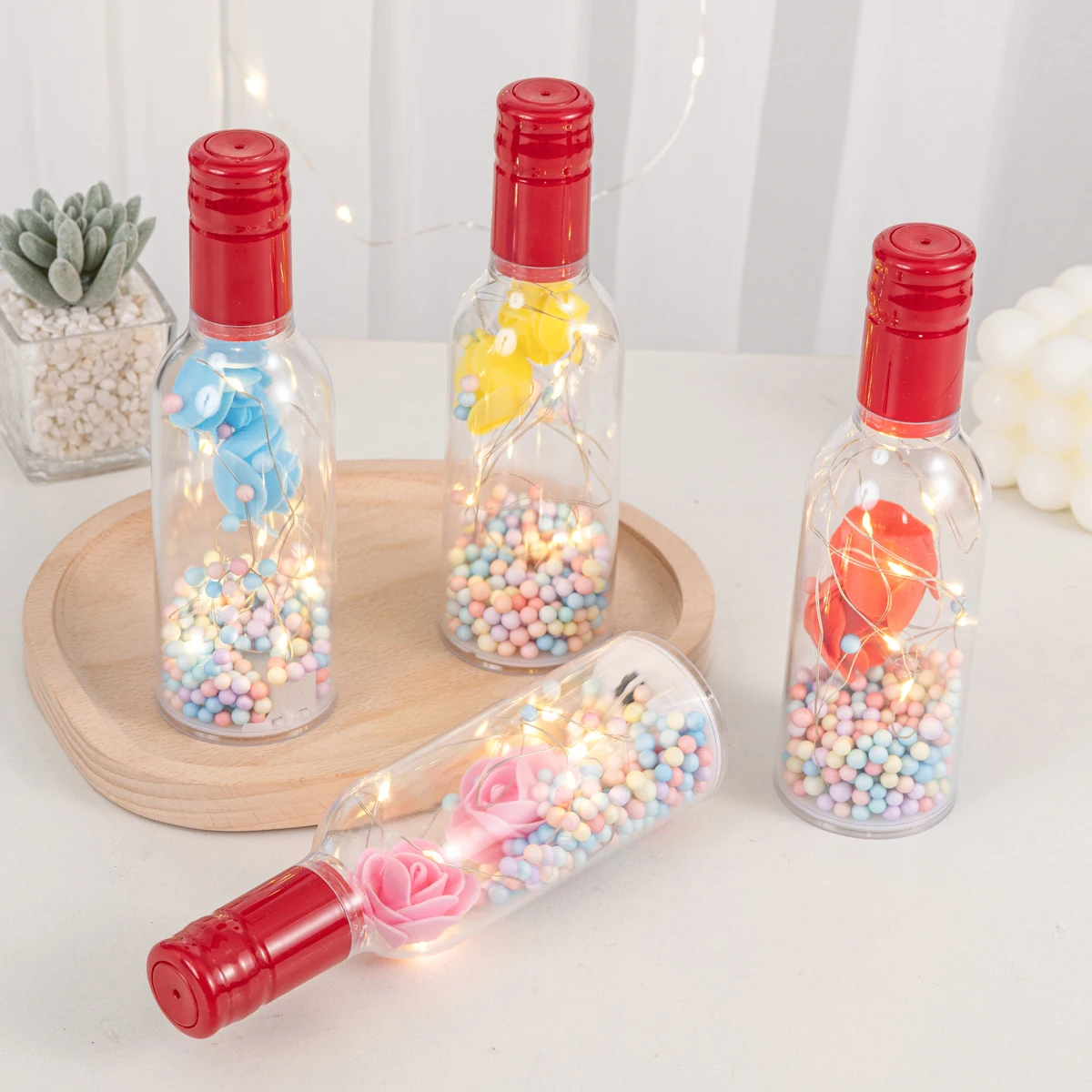 Transparent Red Wine Bottle Colorful Bubble Flower Light String Flameless LED Candle Home Decor Christmas Event Party Decor