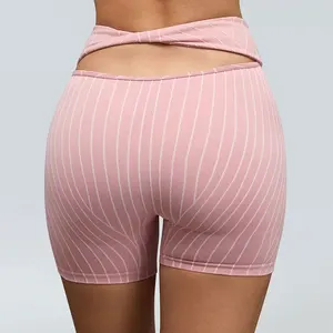 Customized Women's Yoga Shorts Strip Textured Hollow Out Tight High Waist Elastic for Workout Fitness Sports Wear