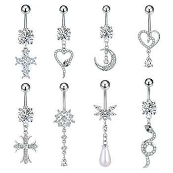 10Pcs/Set Stainless Steel Belly Button Pendant Imitation Pearl Water Drop Zircon Inlaid Women Navel Body Piercing Jewelry