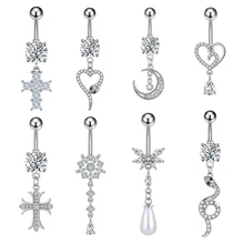 10Pcs/Set Stainless Steel Belly Button Ring Pendant  Pearl Water Drop Moon Heart Zircon Inlaid Women Navel Body Piercing Jewelry