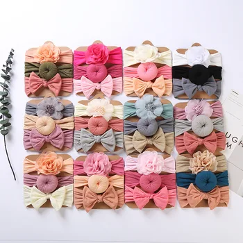 SongMay 3Pcs Solid Color Soft Nylon Elastic Baby Bows Headband Sets Knotted Newborn Baby Girl Headbands Hair Accessories Girls