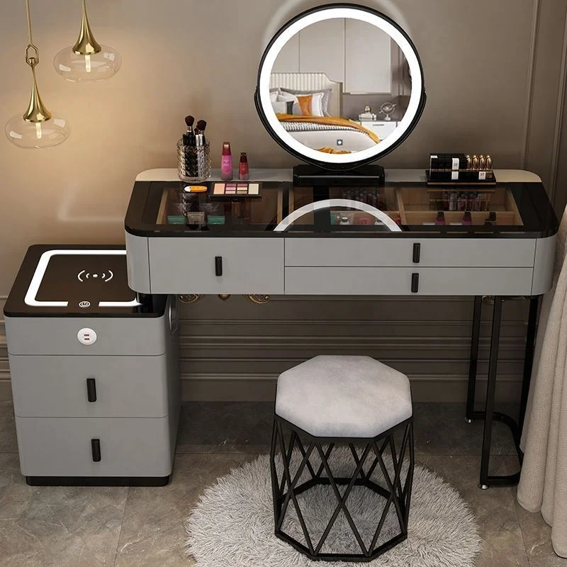 Modern Bedroom Wood Panel Lighted Mirrored Makeup Vanity Dressing Table Set