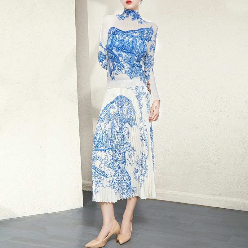 Fast Delivery Factory Outlet High Quality Sets Pleat Long Sleeve Top and Printed Long Pleated Skirt Two Piece Sets