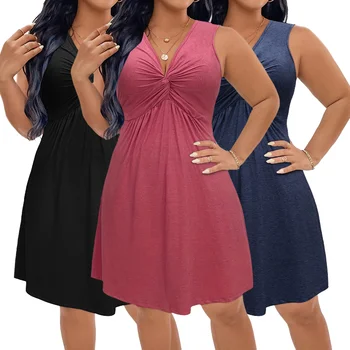 Wholesale Elegant Summer Casual Dress for Women Lady Fashion Plus Size Viscose Fabric Solid Twist Tank V Neck Sleeveless Natural
