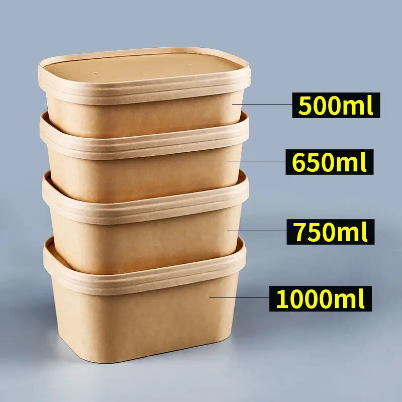 500ml 750ml 1000ml 1300ml Take Away Disposable Rectangular Square Kraft Paper Bowl With PET Lid For Salad details