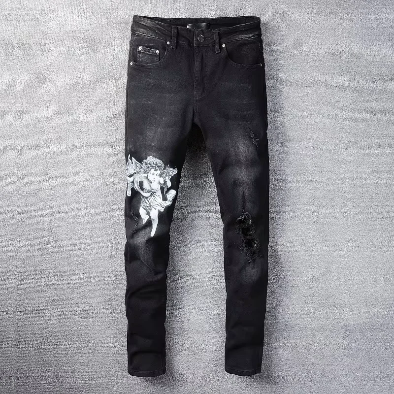 Hip Hop Vintage Straight Men's Jeans Skinny Streetwear Black Micro-Elastic Cotton Letters Print Tight-Fitting Style