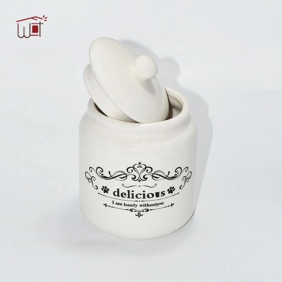 Hot Sell OEM White Ceramic Delicious Painting Pet Treat Jar Canister Dog Puppy Food Jar Kitty Cat Daily Food Container with Lid