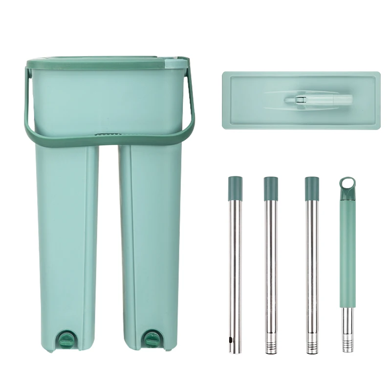 Microfiber Mop Pads With Flat Squeeze Bucket Hand-Free Floor Wash Tool Stainless Steel Pole Plastic Head for Hardwood Cleaning