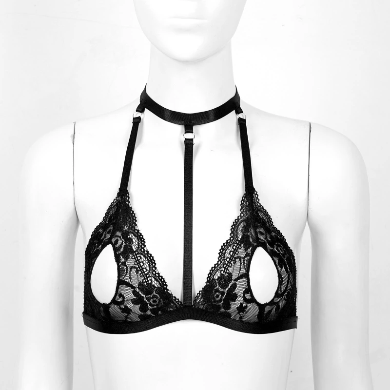 iEFiEL Black Women's See Through Sheer Lace Bra Top Open Cups with