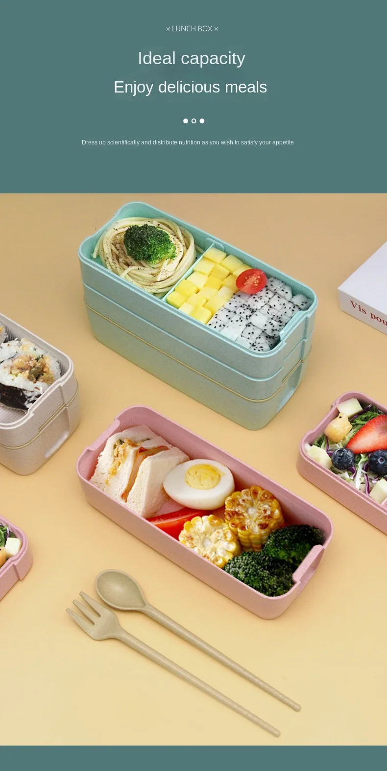 3 tier Food Container BPA Free Wheat Straw Bento Lunch Box tablewareSet for Adult kids
