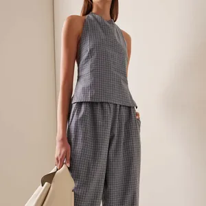 Clothing Manufacturers Custom Spring Summer Autumn Cotton Plaid Print Sleeveless Halter Backless Tank Vest Top