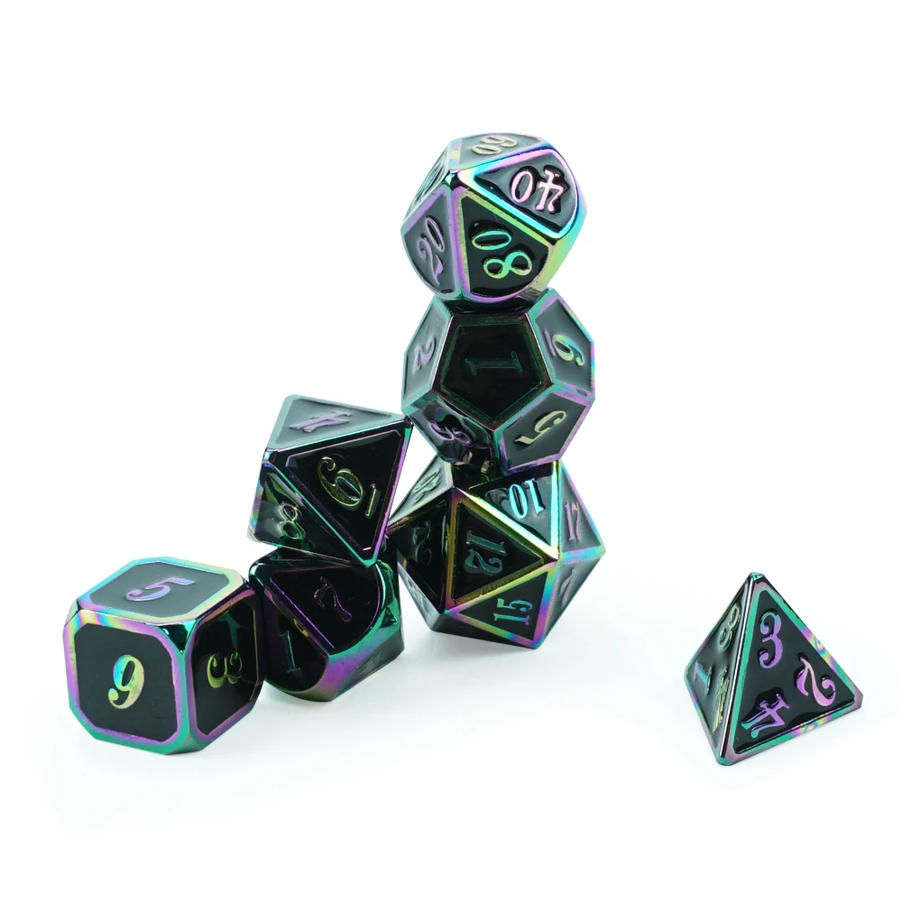 Professional Custom Dnd Polyhedral Dice Set 7pcs Metal rainbow Digital Dices 4d 6d 8d 10d 12d 20d Black Paint for Casino Game