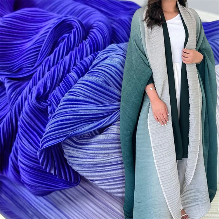 Custom Color Gradual Changing Color Knitted 100% Polyester Abaya Pleated Gradient Fabric Ombre Satin Fabric for Dress