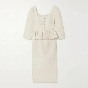 Clothing Manufacturer Custom Spring Autumn Beige square Neck Long Sleeve Elegant Casual Women Tweed Dress