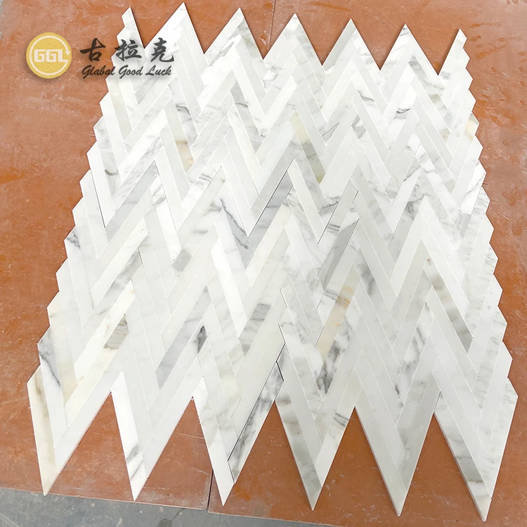 Modern Herringbone Design Mosaic Tile Calacatta Gold Marble Mosaic for Home Decor