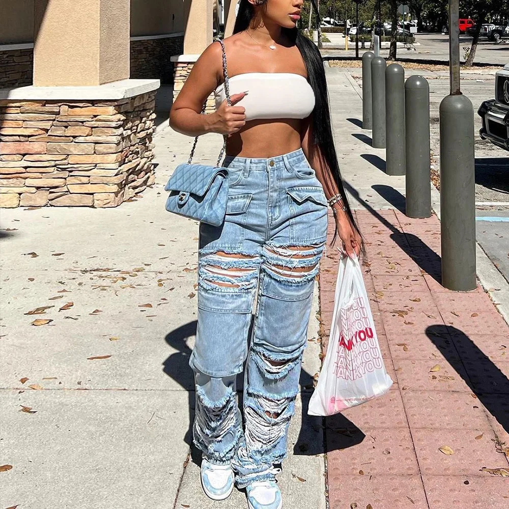 Fashion Pocket Stitching Hollowed-Out Hole Beggar Style Street Casual Straight High Waist Jeans