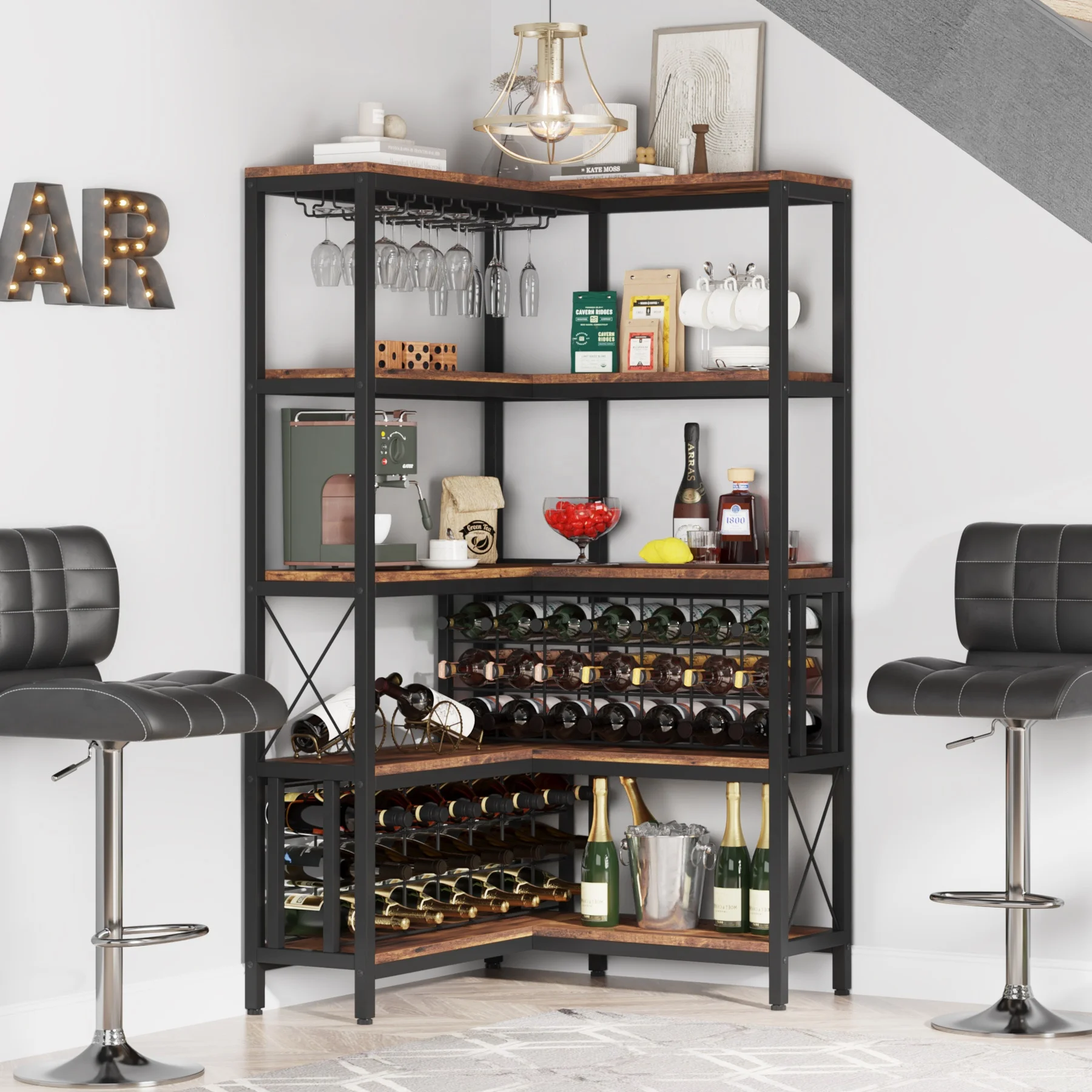 Picture of Tribesigns 5 Tier Industrial Tabletop bar cabinet Glass Storage Shelves ...