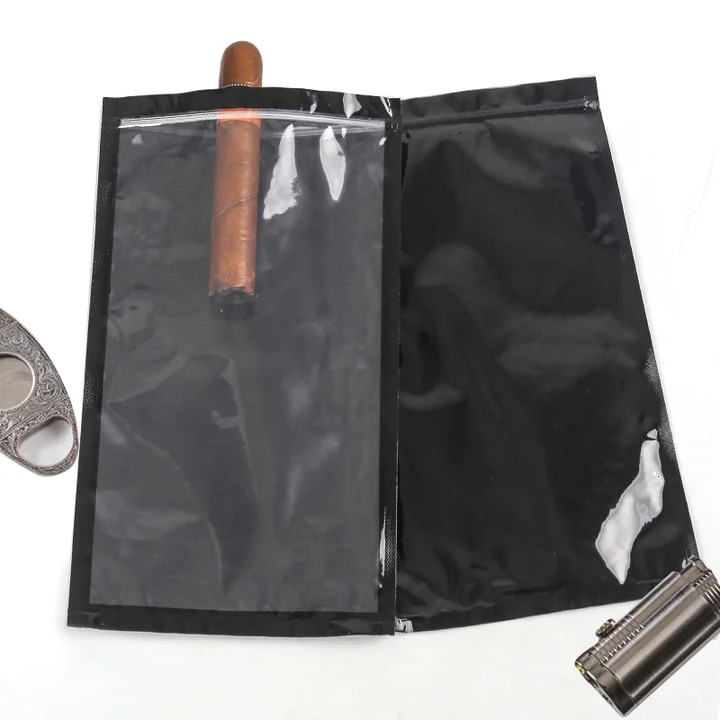 Custom Design Resealable Smell Proof Ziplock Pouch With Smoked Tobacco Leaf  Print Waterproof Cigar Humidifier Packaging Bags