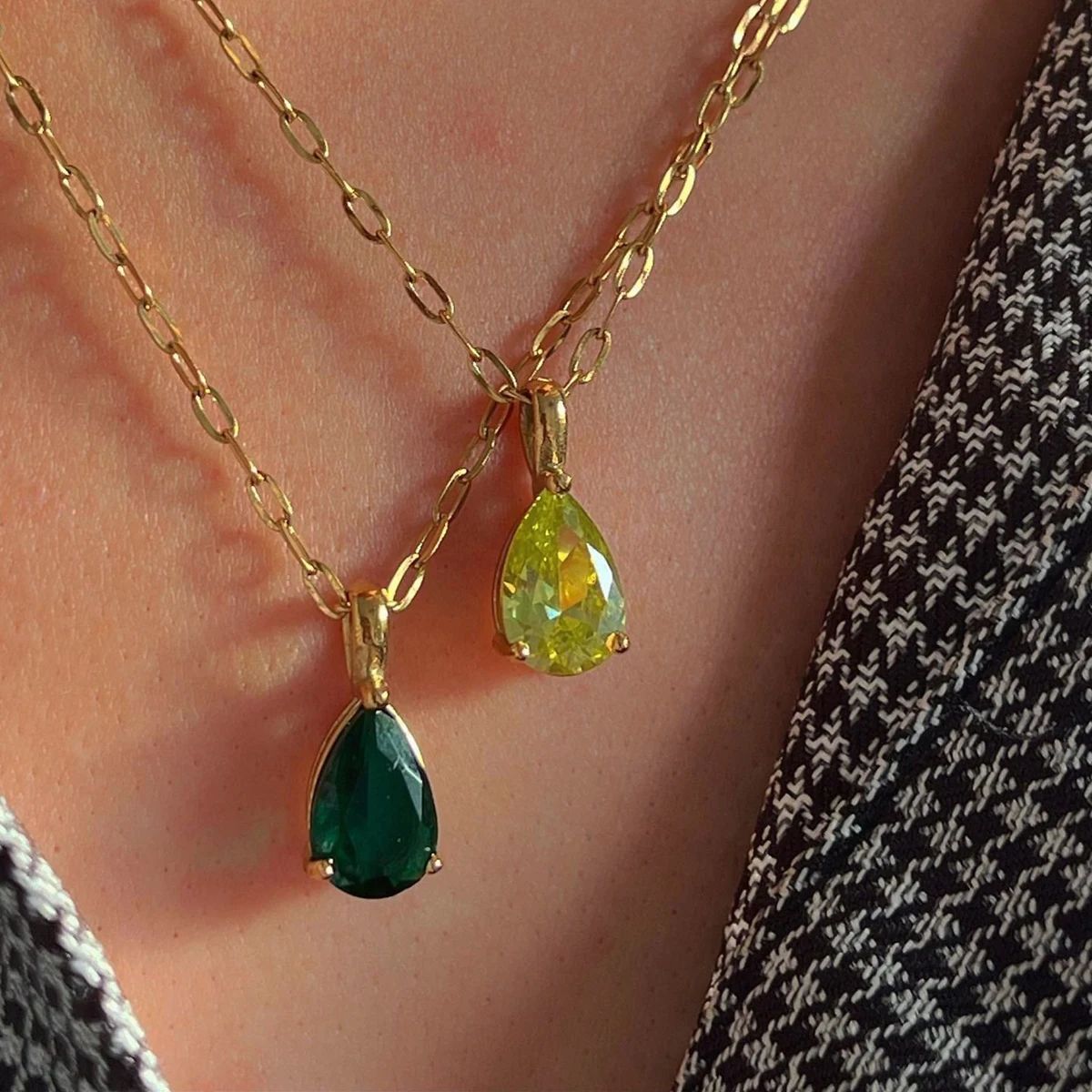 Charm 18K Gold Stainless Steel Jewelry Birth Month Necklace Cubic Zirconia Diamond Birthstone Teardrop Pendant Necklace