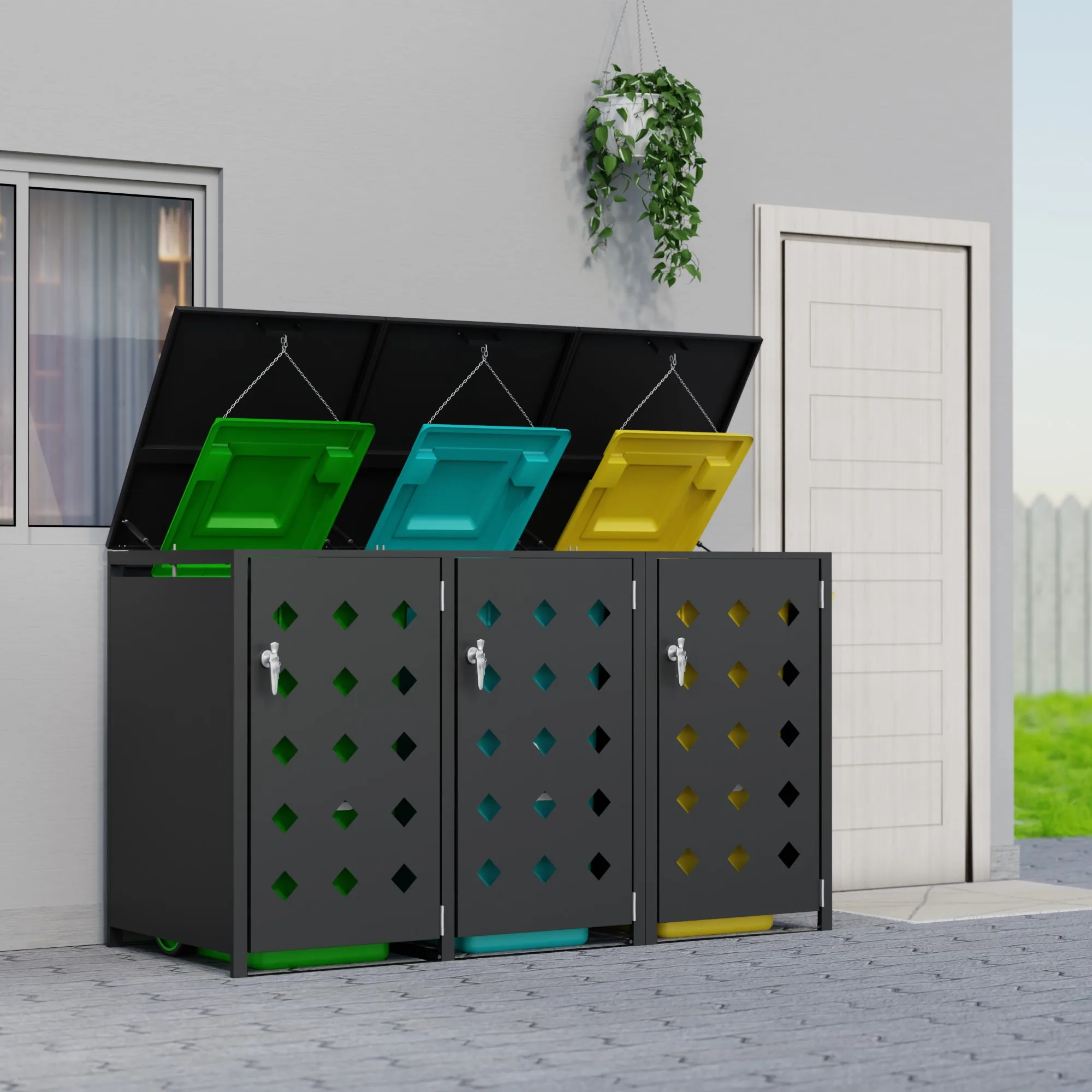 Triple Outdoor Bin Cabinets with Open Top Expandable Wheelie Bin Store European Outdoor Garden Garbage Can Box for 240L Dustbin