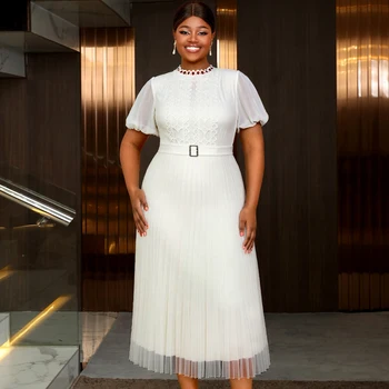 AM050414 Summer Elegant White Short Puff Sleeve a Line Lace Chiffon Plus Size Pleated Women's Casual Dresses with Belt