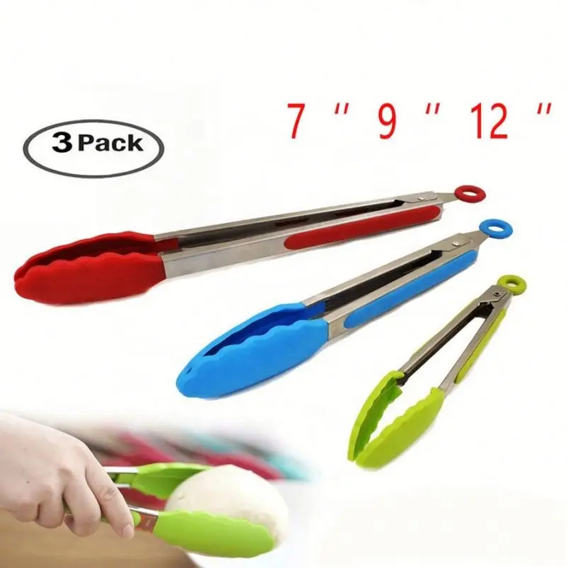 Kitchen Tongs Premium Silicone BPA Free Non-Stick Stainless Steel BBQ Cooking Grilling Locking Food Tongs 7/9/12-Inch 3 Pack