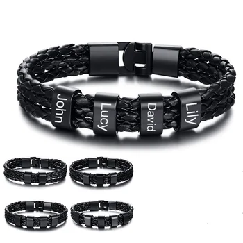 Personalize Family Name Bracelets for Men Black Layered Braided Leather with Stainless Steel Charms Bangle