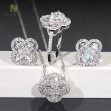 Fashion jewelry set 18K gold plated clover rings necklace earrings dainty 925 sterling silver cz diamond wedding rings for women