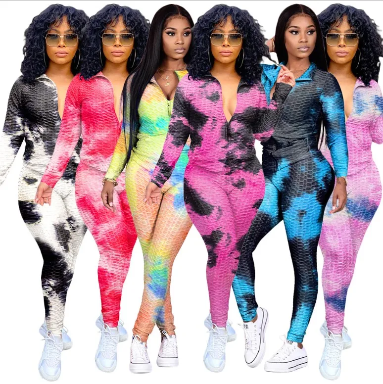 S390065 winter spring fashion 2021 fall 6colors tie die colorful two piece jogger 2 piece sweatsuit