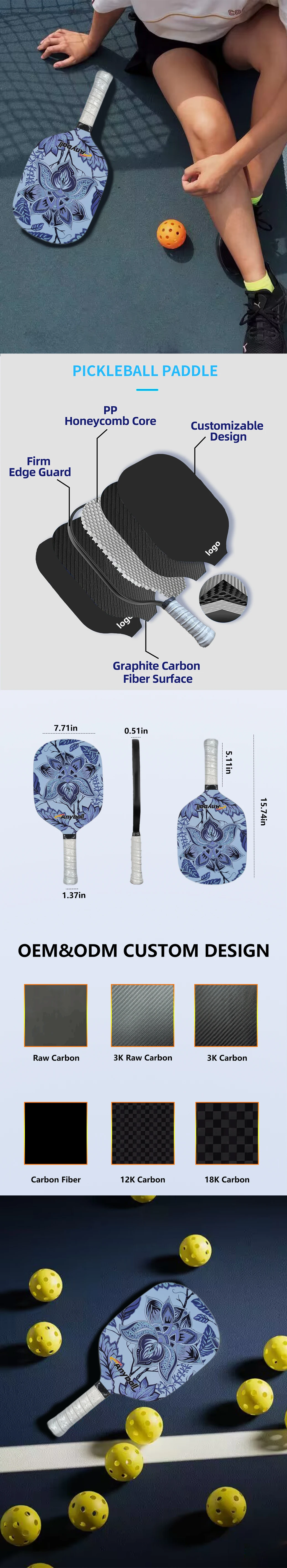 Wholesale Custom PP Honeycomb Core USAPA Approved Glass Carbon Fiber 13mm Thermoformed Pickleball Paddle factory