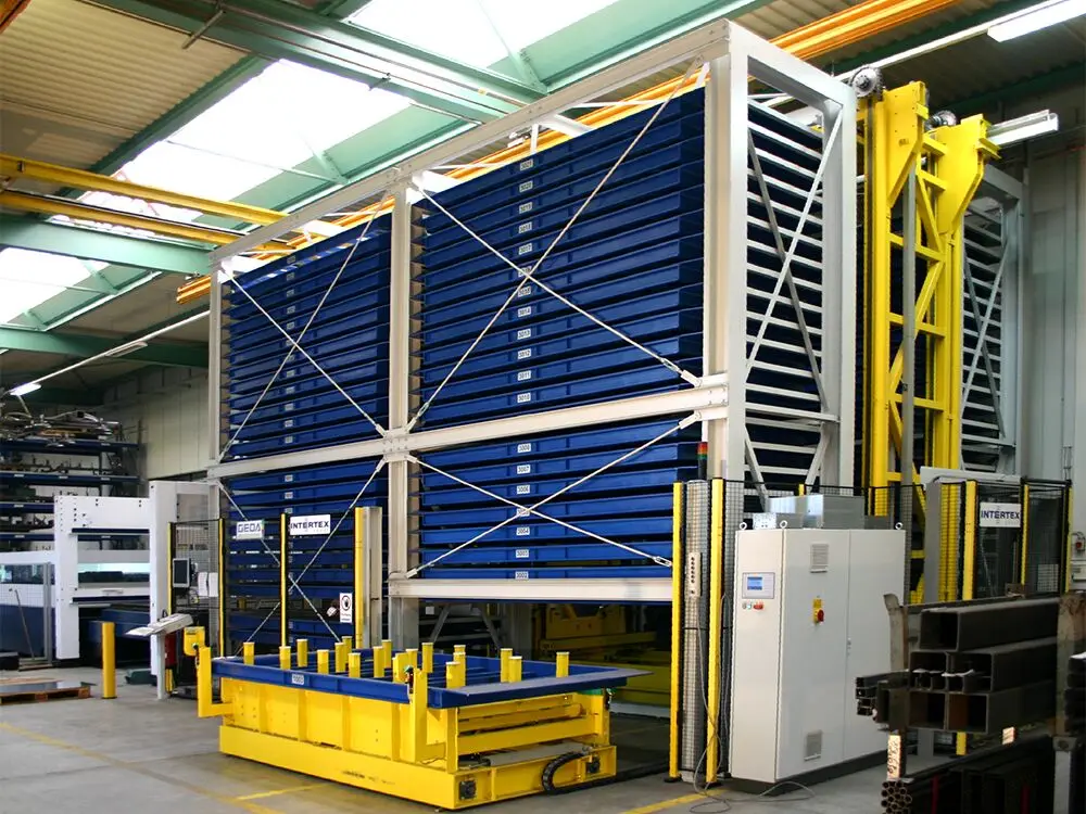 EBILTECH Automatic Bars and Tubes Storage Vertical Roll Out Metal Sheet Tower Automation Systems for Sheet