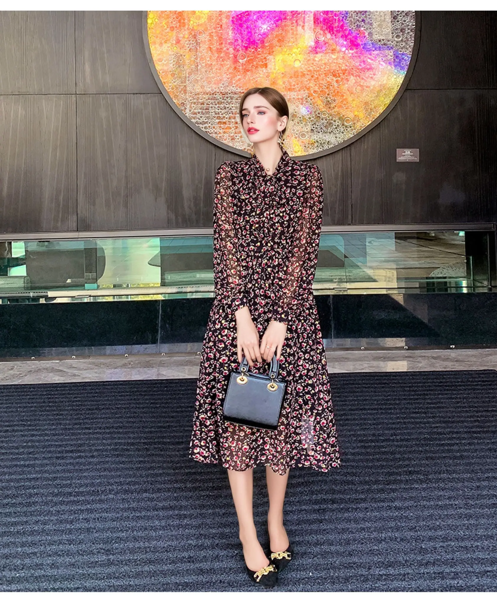 2024 Autumn Korean Retro Floral Chiffon Dress French Design Lace Sequins Button Waistline Floor-Length Ruched New Korean Version 2024 Autumn Korean Retro Floral Chiffon Dress French Design Lace Sequins Button Waistline Floor-Length Ruched New Korean Version