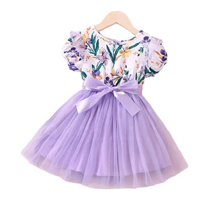 2023 Summer Casual Kids Girls Clothes Puff Sleeve Round Neck Floral Patchwork Mesh Patchwork Dresses Toddler Tulle Dress