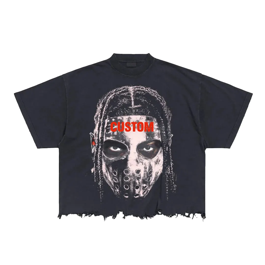 Streetwear Mock Neck Printing Distressed T-Shirts Thick Collar