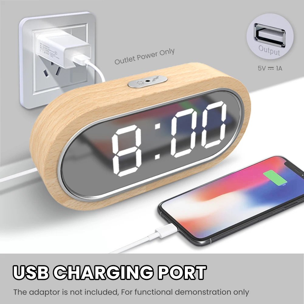 Alarm Clock LED Mirror Digital Wooden Thermometer Hygrometer Electronic Temperature Humidity Meter with Snooze USB Charger Clock
