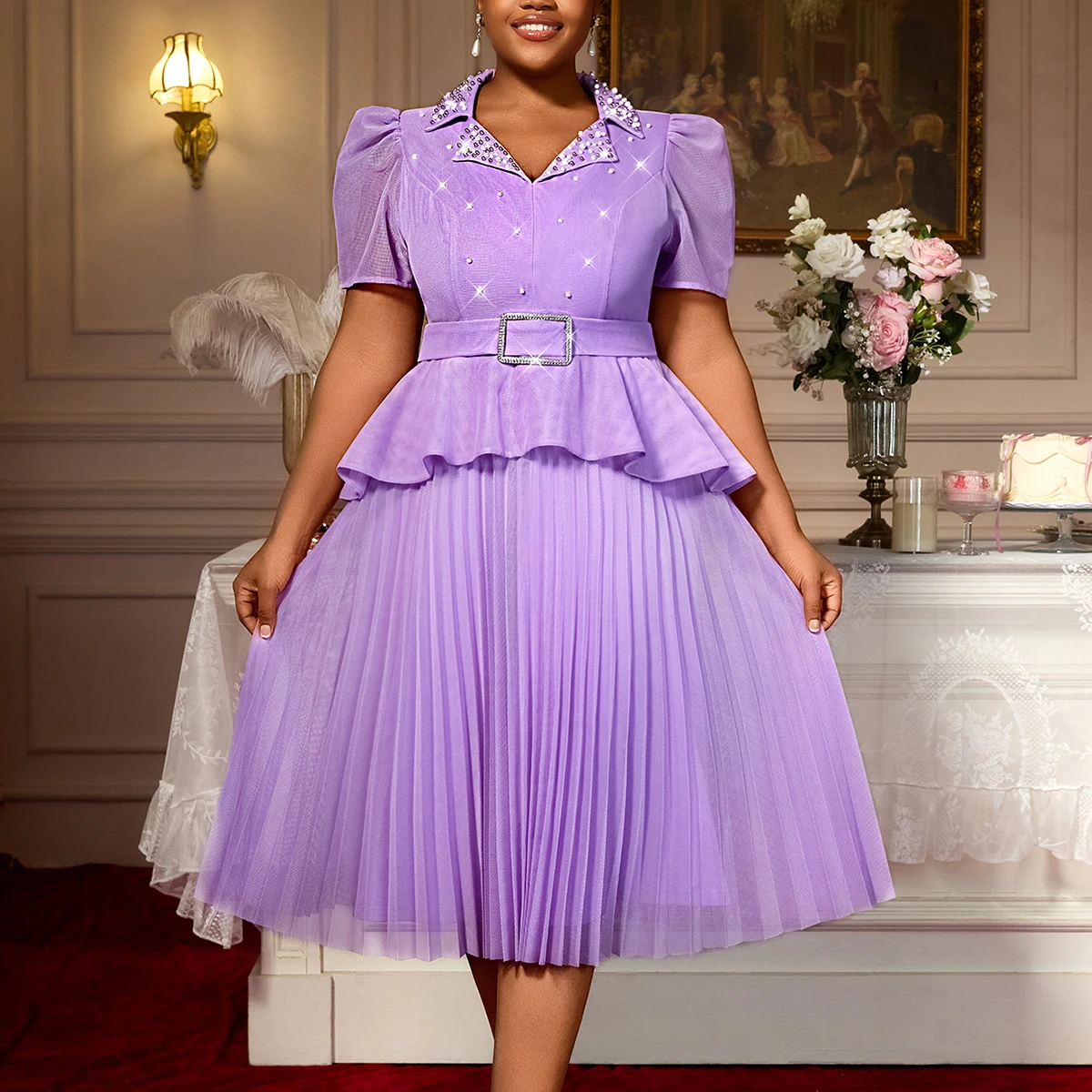 light purple peplum dress Long Peplum Formal Dress with Three-Quarter Sleeves Navy / 16