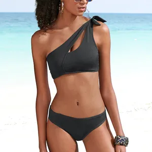 2023 Women's Sexy Hollow Out Push-up Bikini One Shoulder Thong Bathing Suit Two Piece Swimsuit with Front Logo