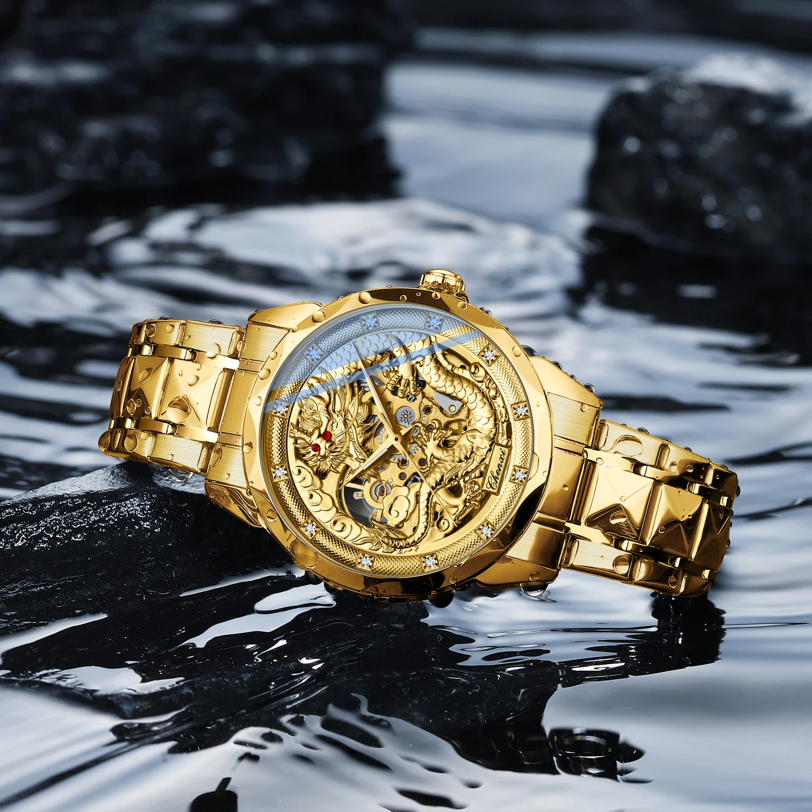Chenxi 8899 - 3D Embossed Dragon Pattern Gold Watch for Men