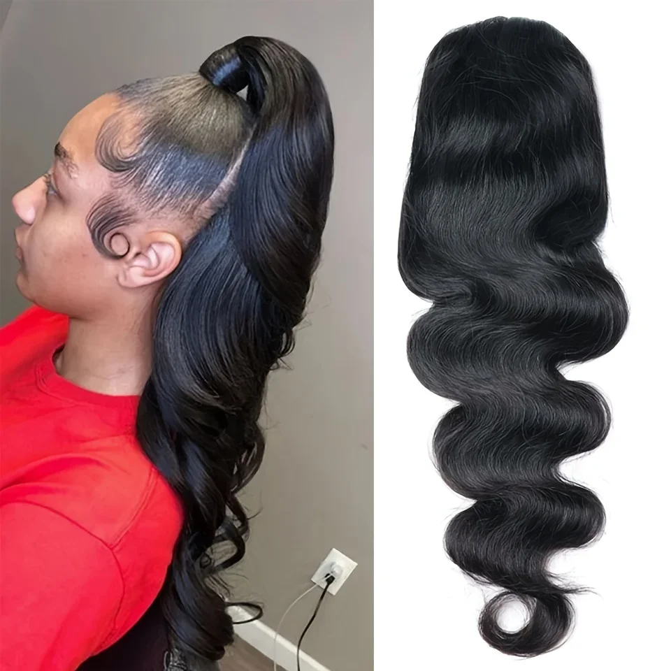 Body Wave Natürlicher schwarzer Pferdeschwanz mit Kordelzug, 100 % Echthaar, Chip-in-Haarwickel-Pferdeschwanz für Frauen, 10-26 Zoll_voghion.com