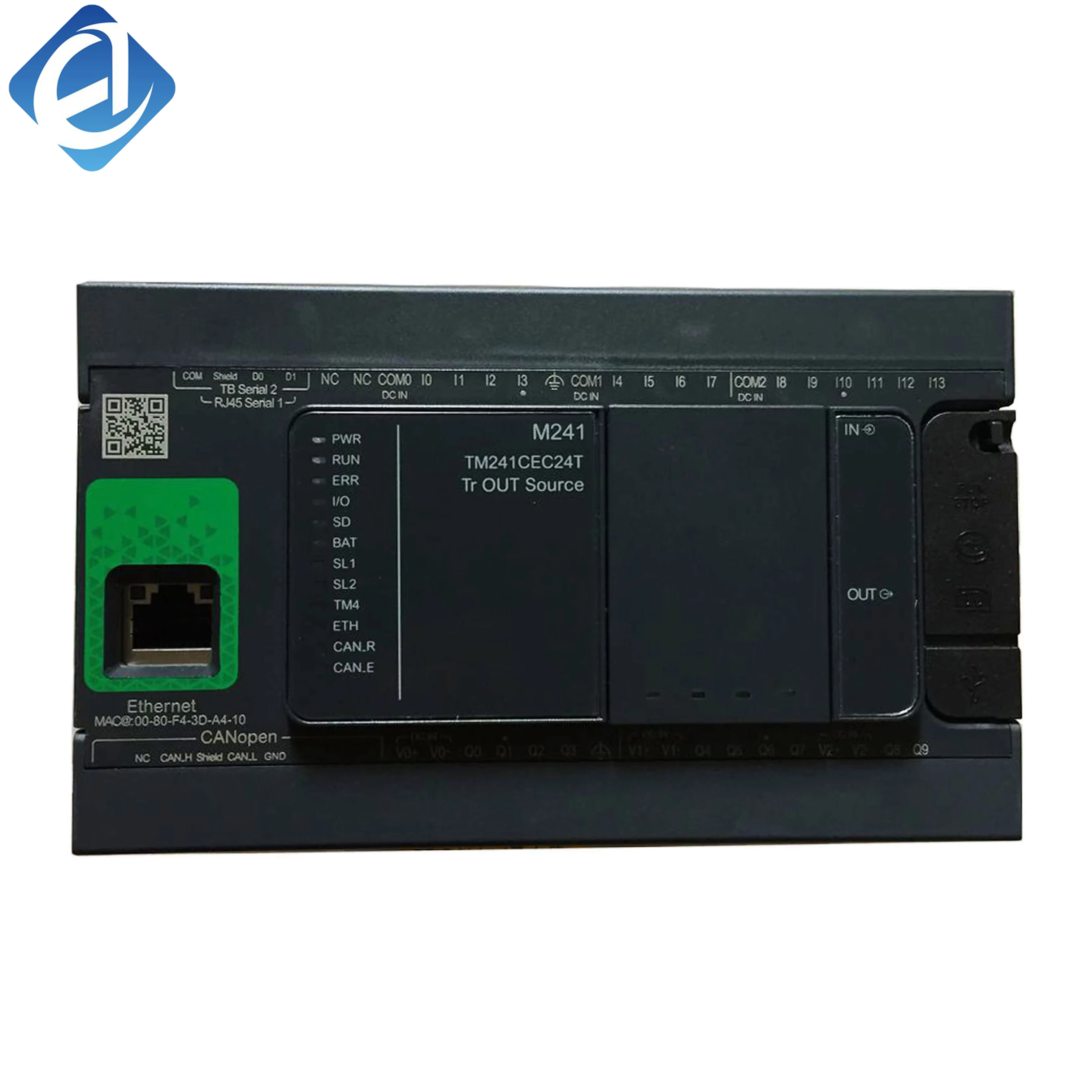 New Original TM241CEC24T Modicon M241 series PLC. 24 I/O points with transistor output, built-in Ethernet and CANopen interface. Supports high-speed pulse, motion control and multi-protocol communication. High expandability 