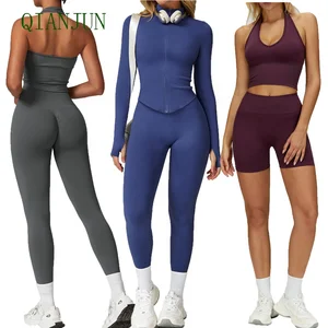 Women Seamless Yoga Workout Bra Set Gym Wear Workout Full Zipper Jacket Sets Plus Size Running Slim Fitting Tracksuit