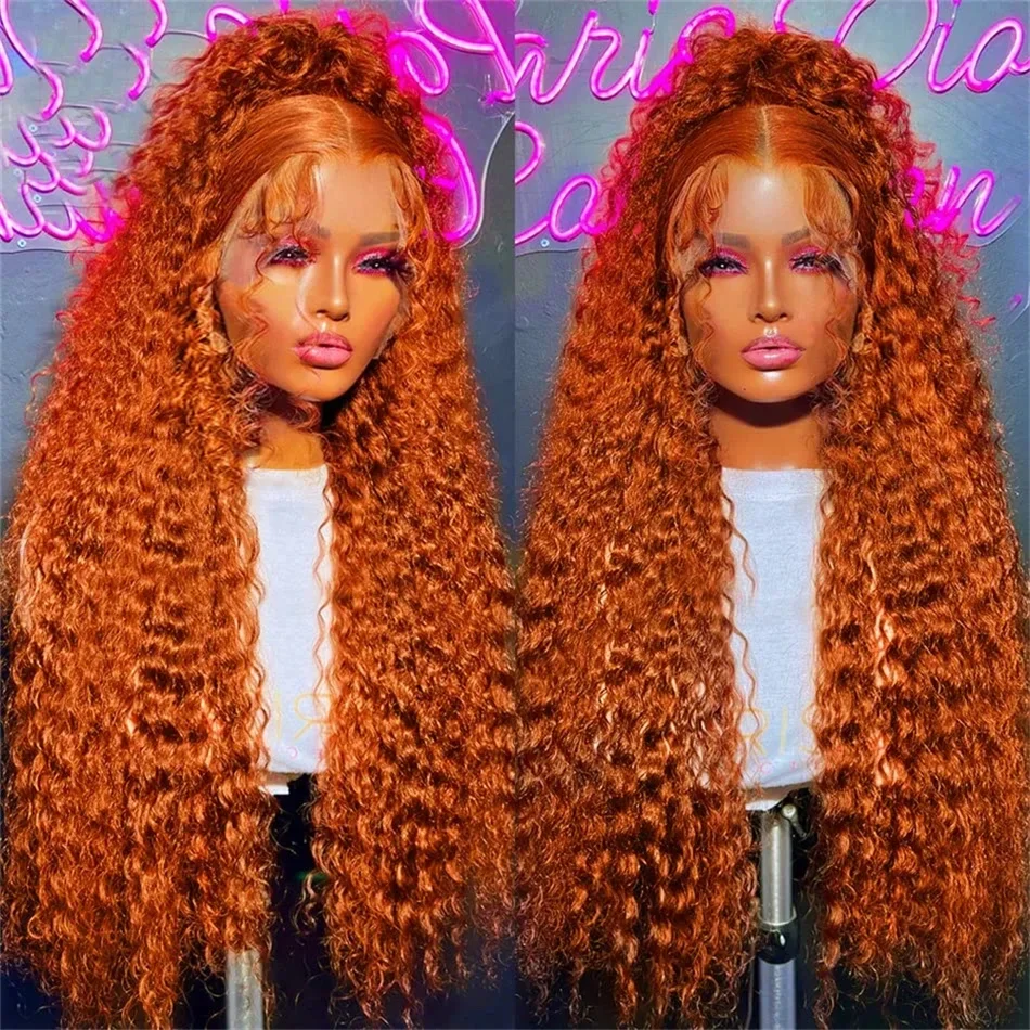 Perruque frontale en dentelle ondulée profonde orange gingembre perruques de cheveux humains en dentelle frontale transparente HD cheveux bouclés colorés_voghion.com