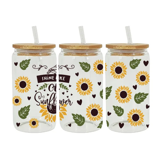 Wholesale Custom Design Sunflower flowers Theme 16oz Glass Can UVDTF Tumbler Sticker Decals UV DTF Cup Wrap Transfers