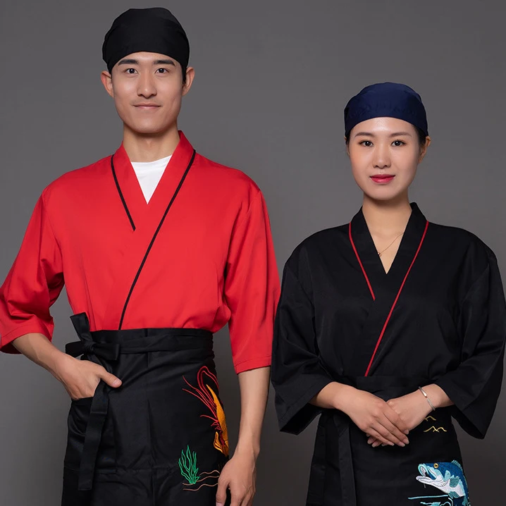 Sushi Chef Manteau Unisexe 3/4 Manches Chef Japonais Kimono For Femmes Hommes Cuisine Travail Vêtements (Color : Red, Size : XXL-XXLarge