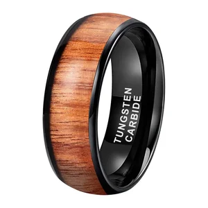 Coolstyle Jewelry 4mm 6mm 8mm Black Tungsten Carbide Ring for Men Women Engagement Wedding Band Koa Wood Inlay Domed Comfort Fit