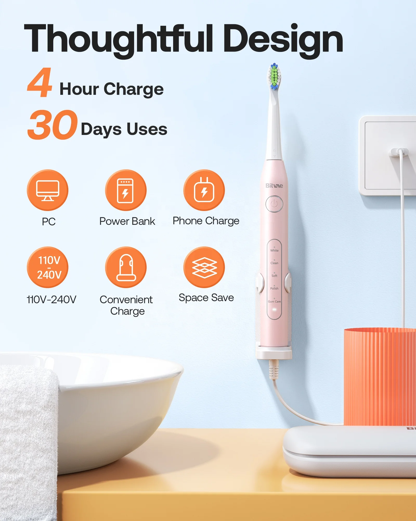 Bitvae D2 Adult Automatic Rechargeable Electric Toothbrush with Hard Bristles