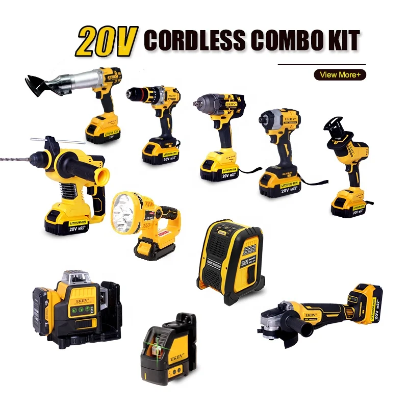 EKIIV 20V Power Tools Rechargeable Lithium Electric Hammer Drill Brushless Angle Grinder Cordless Wrench Combination Tool Set