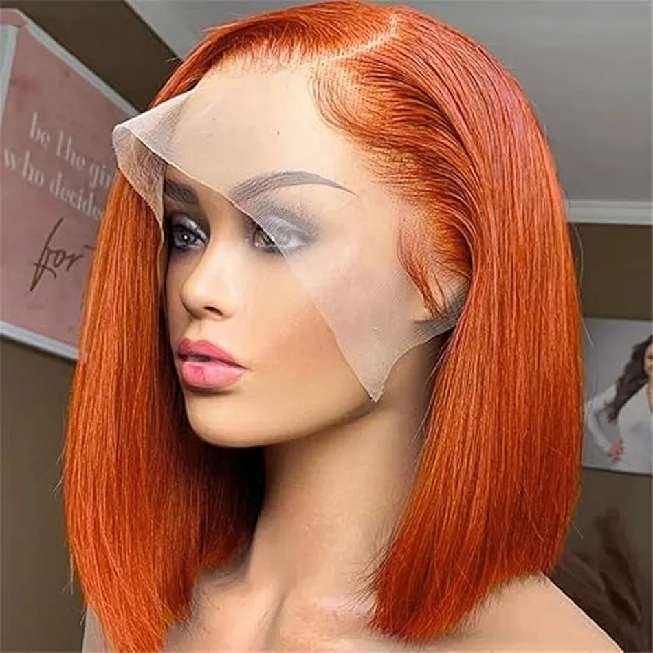 Brazilian Remy Human Hair Short Bob Wigs Lace Frontal for Women Ginger Orange Pre Plucked_voghion.com