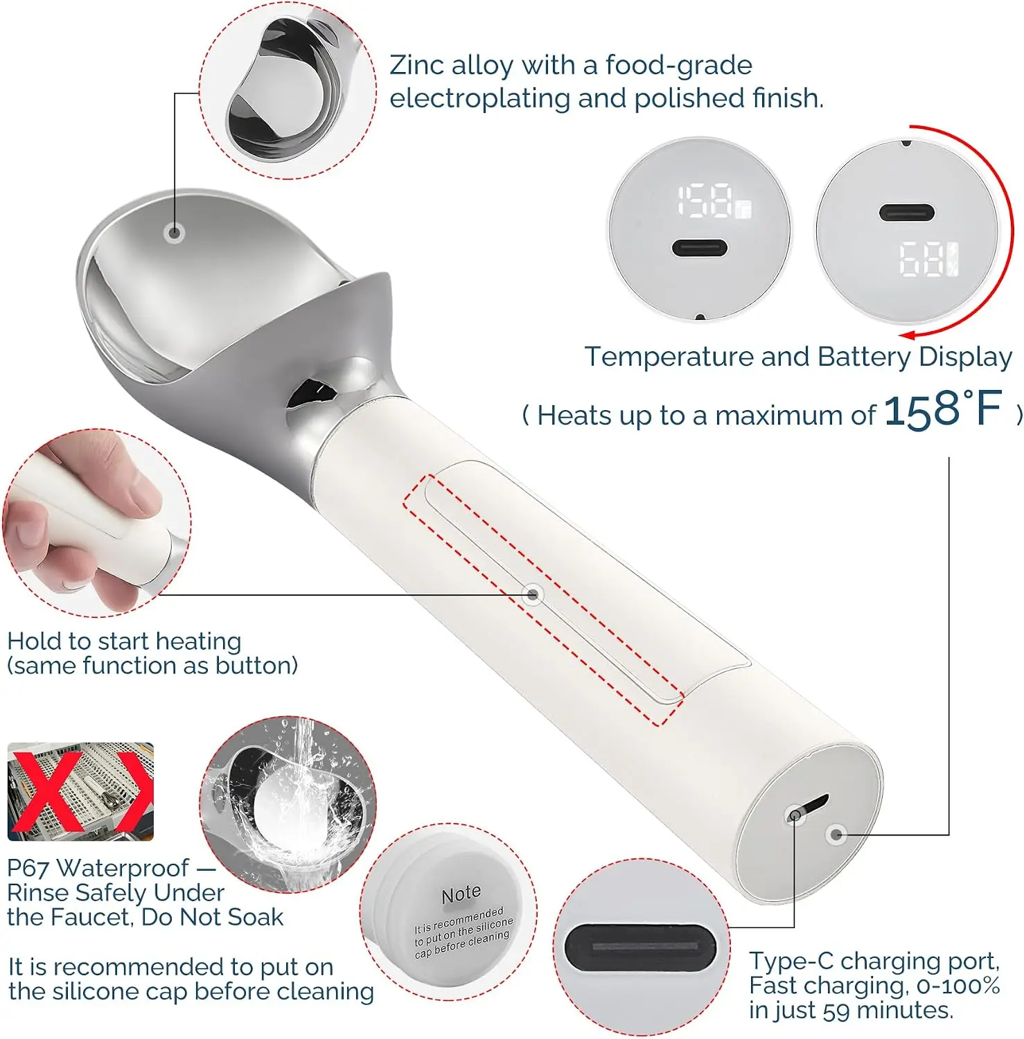 Rechargeable Electric Ice Cream Scooper Heated Self-Warming Rust-Proof Metal Spoon Easy Clean for Hard Ice Cream Eco-Friendly